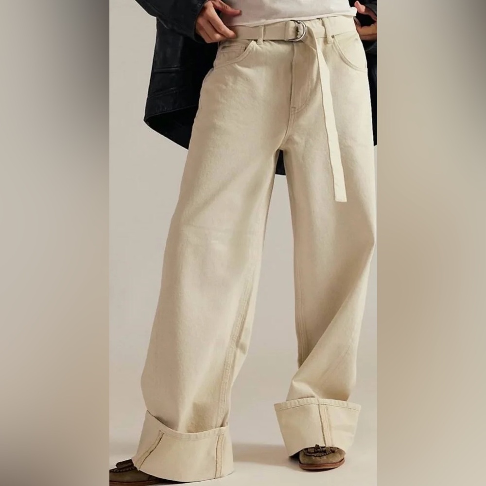 NWT Free People We The Free East Bay Cuffed Wide Leg Belted Pant White Size 29